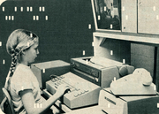 Teletype and slideshow setup for Sumerian Game. (1967)